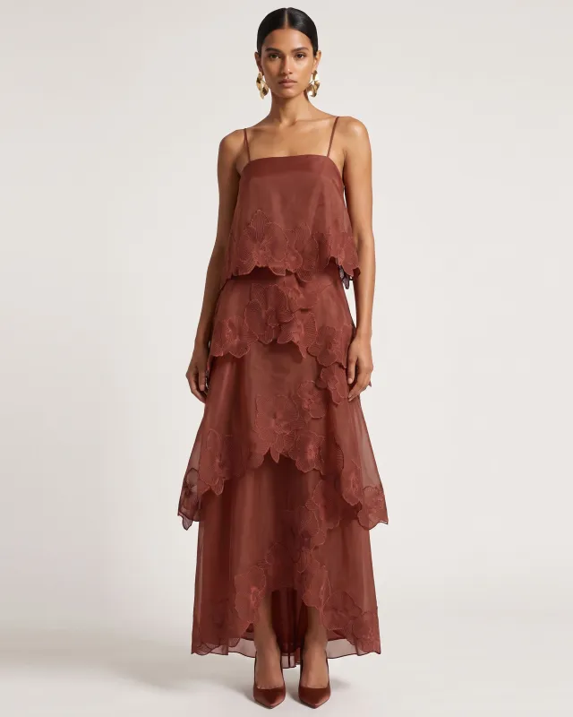 Orchid Embroidered Layered Maxi Dress - Reddish Brown made by JW PEI