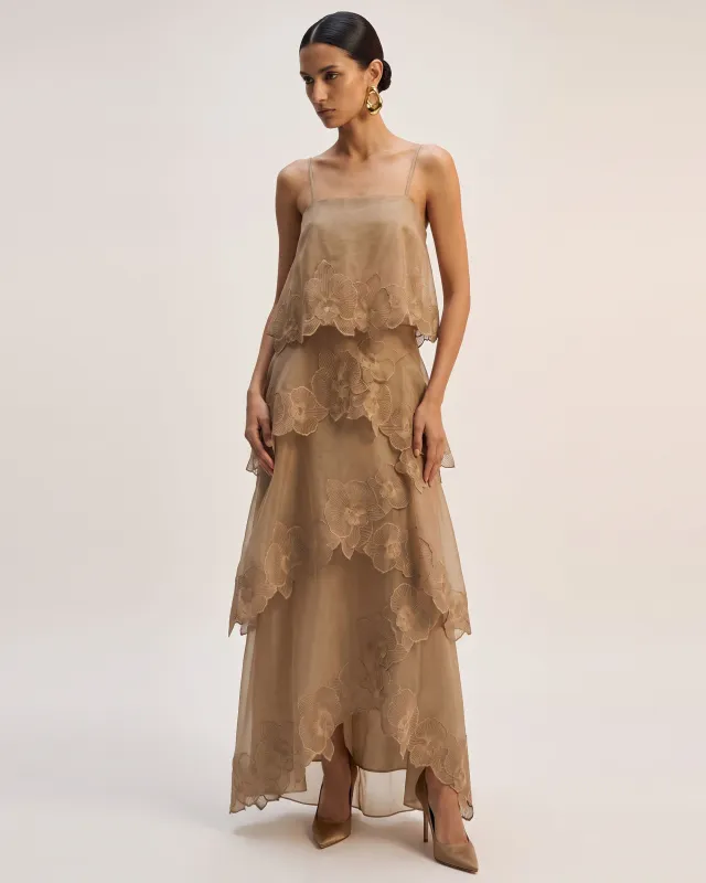 Orchid Embroidered Layered Maxi Dress - Light Brown made by JW PEI