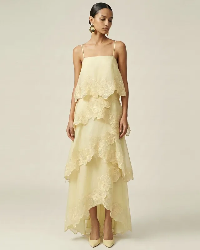 Orchid Embroidered Layered Maxi Dress - Light Yellow made by JW PEI