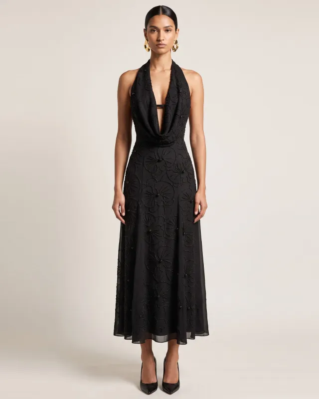 Orchid Beaded Embroidered A-Line Halter Maxi Dress - Black made by JW PEI