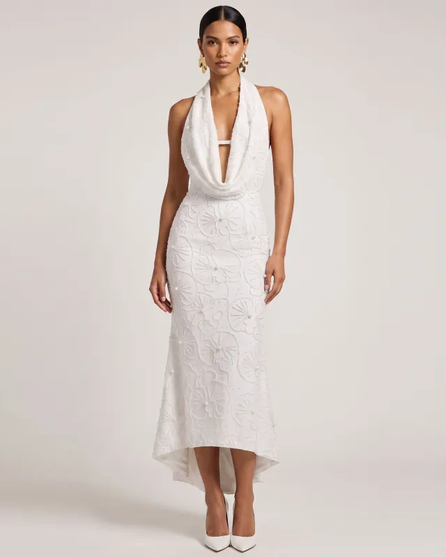 Orchid Beaded Embroidered High-Low Cowl Halter Dress - White made by JW PEI