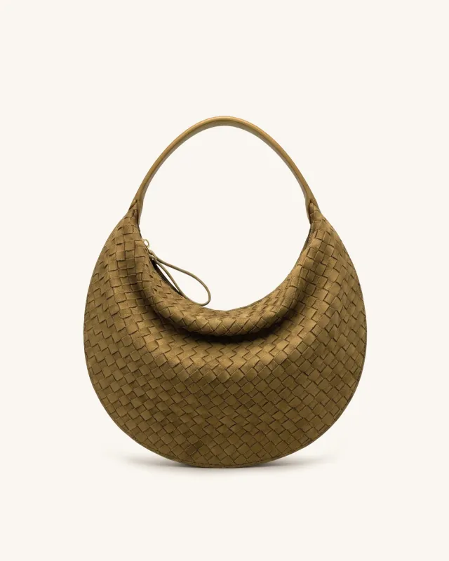Nola Faux Suede Woven Crescent Shoulder Bag - Olive Green made by JW PEI