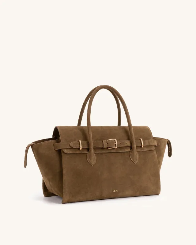 Elena Faux Suede Belted East-West Tote Bag - Khaki made by JW PEI