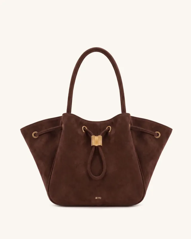 Celia Faux Suede Drawstring Winged Tote Bag - Dark Brown made by JW PEI