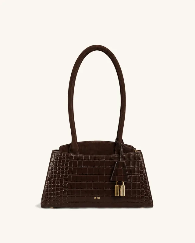 Zora Trapeze Shoulder Bag - Dark Brown Croc made by JW PEI