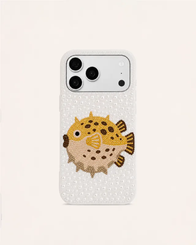 Pufferfish Pearl & Artificial Crystal Phone Case – White made by JW PEI