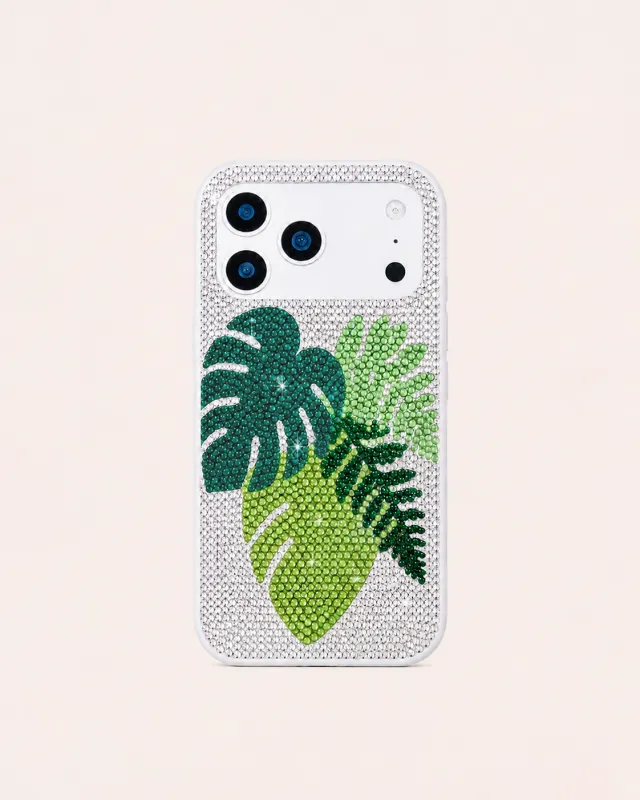 Tropical Leaf Artificial Crystal Phone Case - White Green made by JW PEI