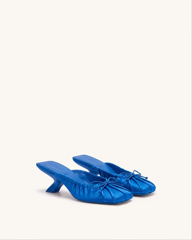 Solenne Satin Bow Ruched Mules - Cobalt Blue made by JW PEI