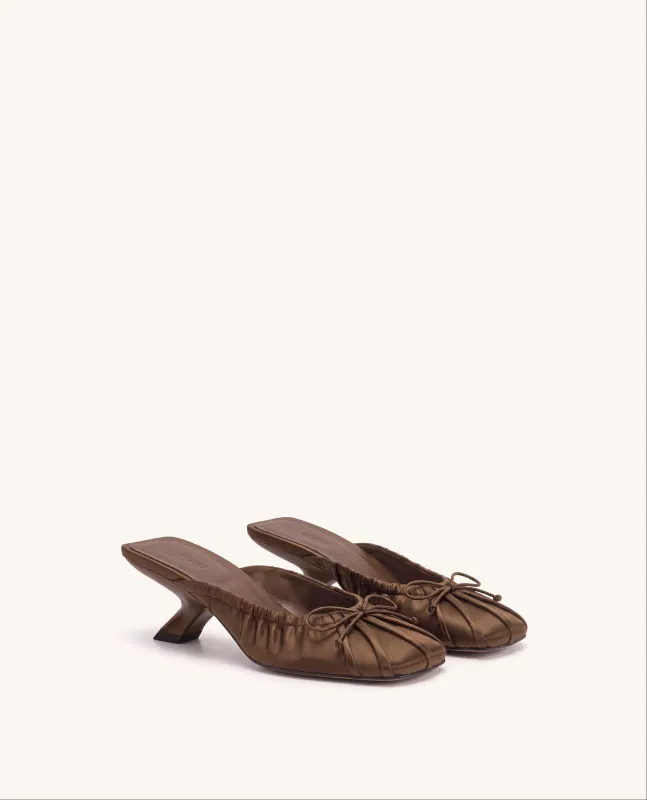 Solenne Satin Bow Ruched Mules - Chocolate Brown made by JW PEI