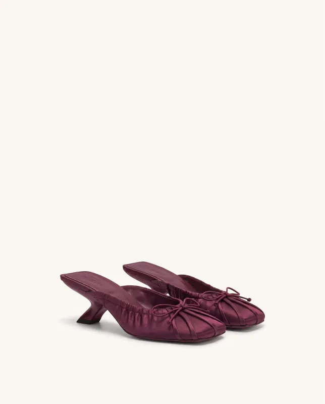 Solenne Satin Bow Ruched Mules - Burgundy made by JW PEI