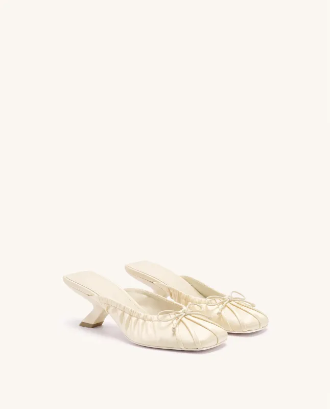 Solenne Satin Bow Ruched Mules - Ivory made by JW PEI
