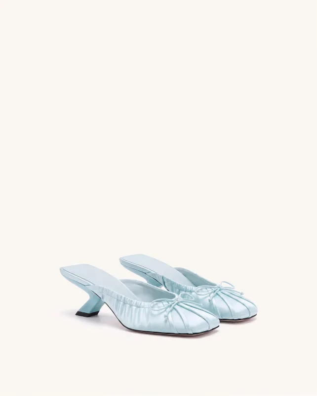 Solenne Satin Bow Ruched Mules - Light Blue made by JW PEI