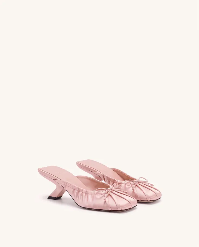 Solenne Satin Bow Ruched Mules - Blush Pink made by JW PEI