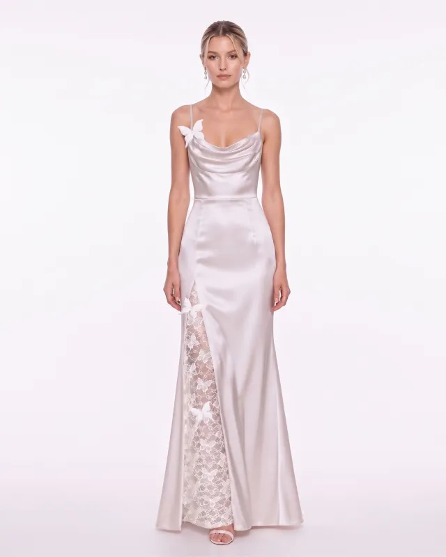 Butterfly Lace Panel Satin Cowl Maxi Dress - Ivory made by JW PEI