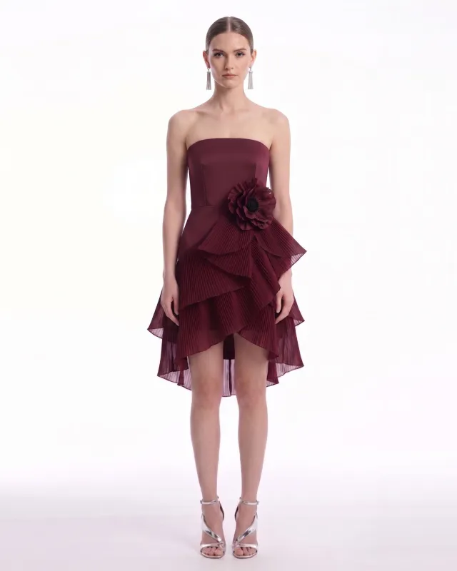 Floral Appliqué Tiered Strapless Mini Dress - Burgundy made by JW PEI