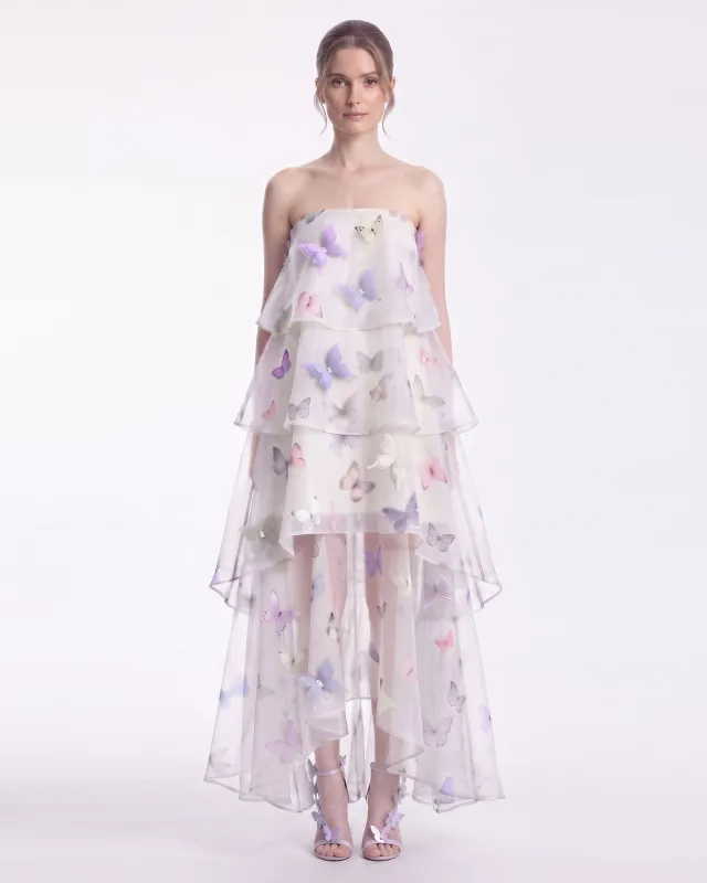 Butterfly Appliqué Tiered Strapless High-Low Dress - Ivory made by JW PEI