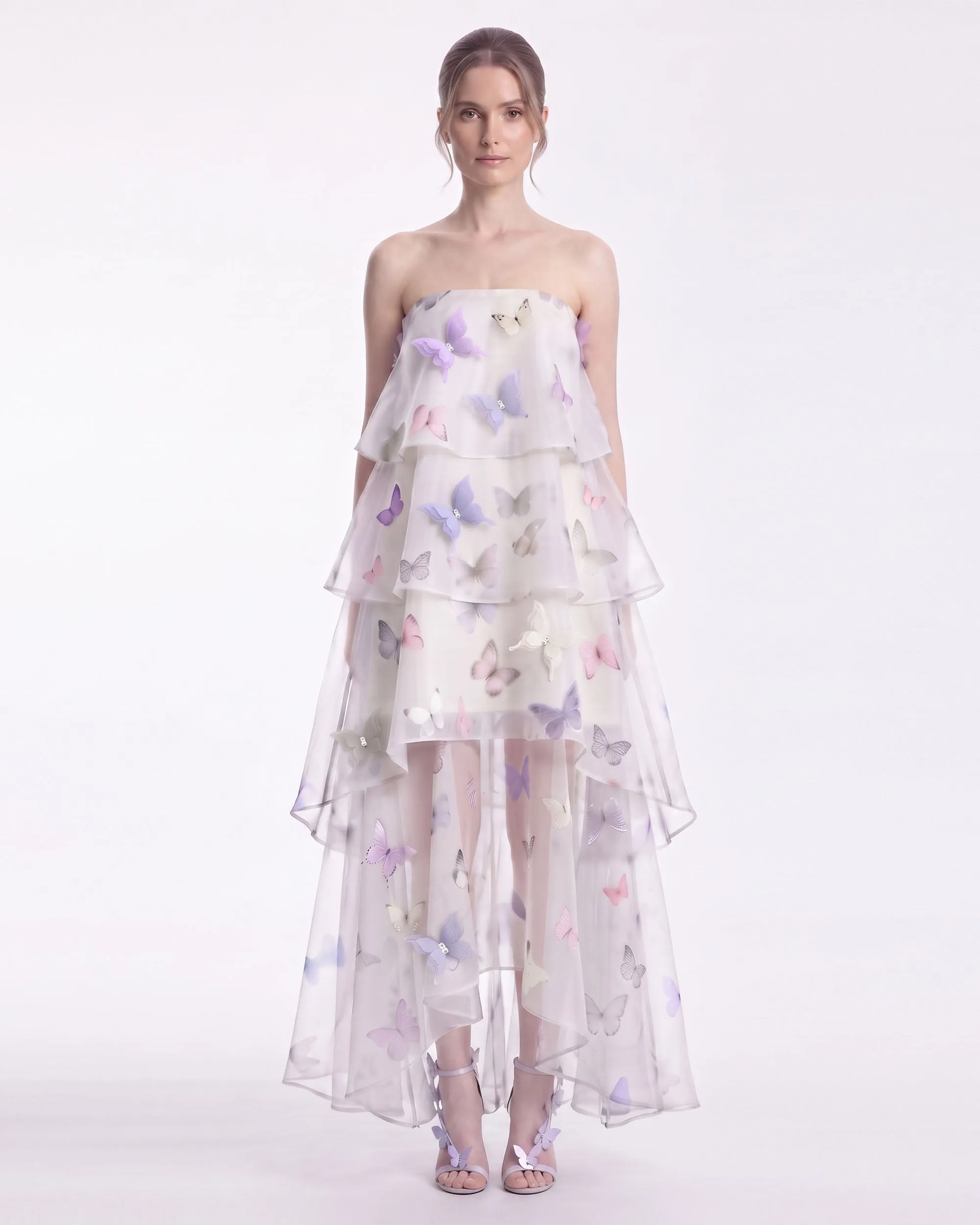 Butterfly Appliqué Tiered Strapless High-Low Dress - Ivory sold by JW PEI