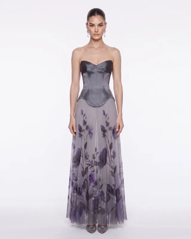 Floral Pleated Corset Maxi Dress - Slate Purple made by JW PEI