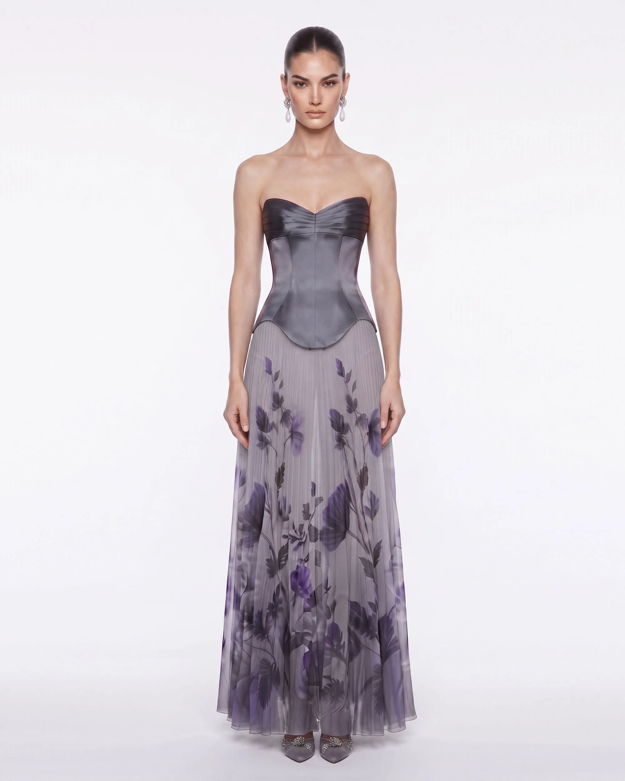 Floral Pleated Corset Maxi Dress - Slate Purple sold by JW PEI