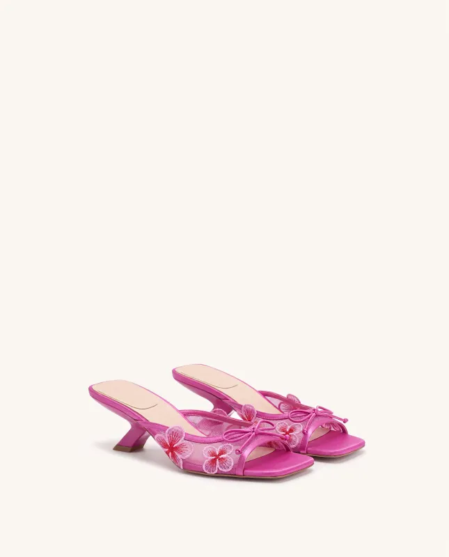 Mireille Bow Floral Embroidered Appliqué Mesh Heeled Sandals - Rose Red made by JW PEI