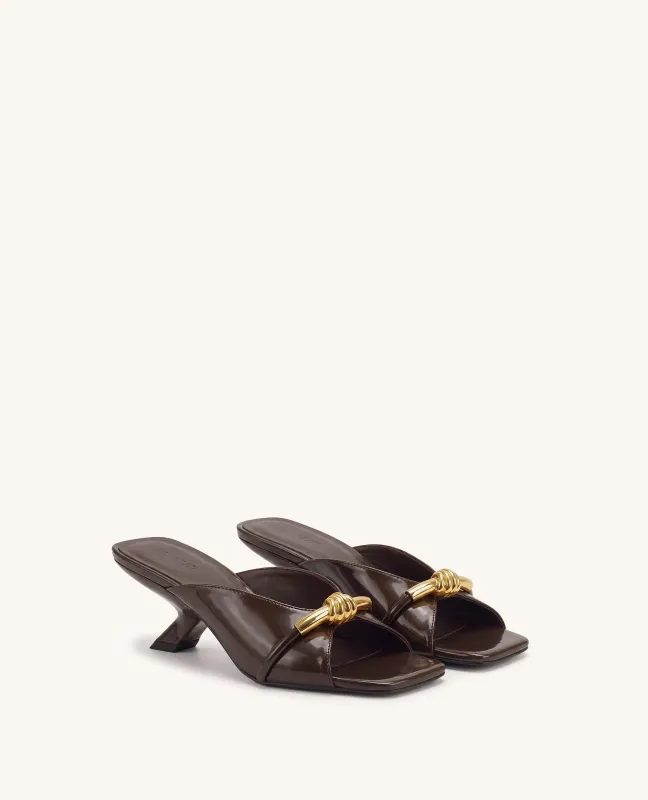Lena Metal Rope Knot Patent Cross-Strap Heeled Sandals - Dark Brown made by JW PEI