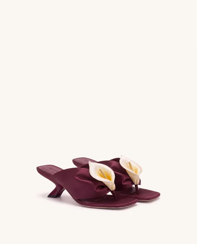 Bianca Calla Lily Ruched Toe-Post Heeled Sandals - Burgundy made by JW PEI