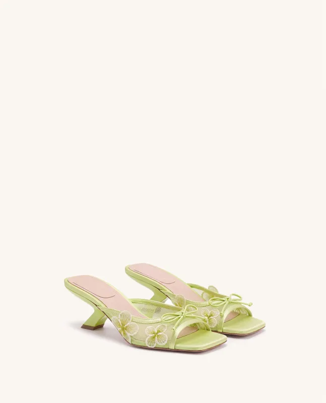 Mireille Bow Floral Embroidered Appliqué Mesh Heeled Sandals - Chartreuse made by JW PEI
