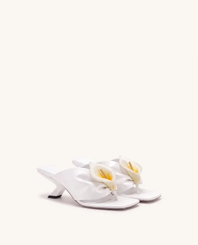Bianca Calla Lily Ruched Toe-Post Heeled Sandals - White made by JW PEI