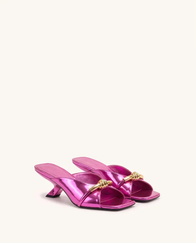 Lena Metal Rope Knot Metallic Cross-Strap Heeled Sandals - Fuchsia made by JW PEI