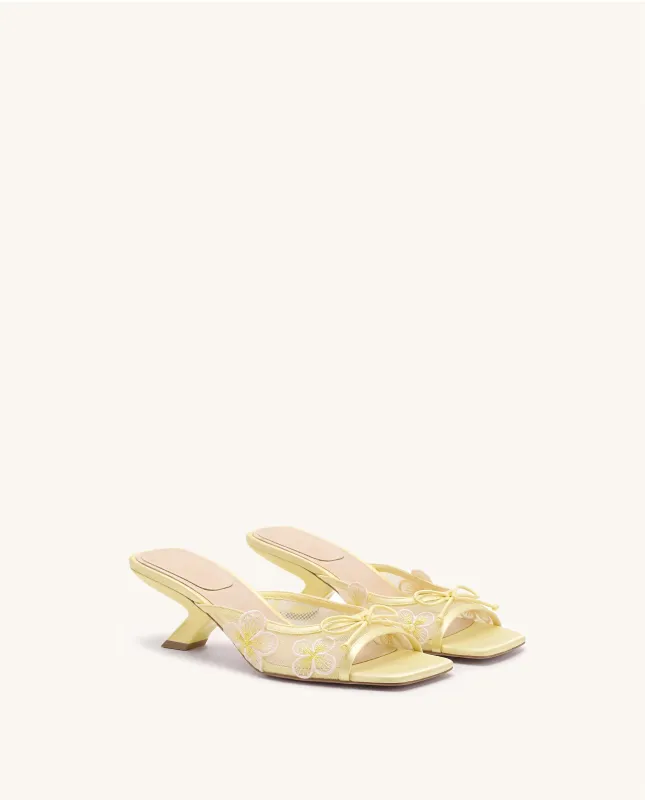 Mireille Bow Floral Embroidered Appliqué Mesh Heeled Sandals - Yellow made by JW PEI