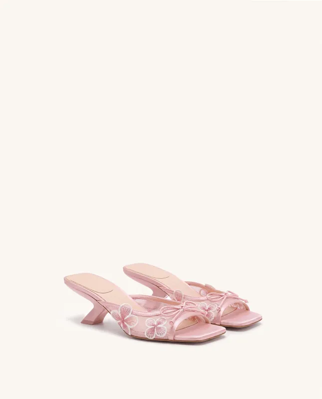 Mireille Bow Floral Embroidered Appliqué Mesh Heeled Sandals - Pink made by JW PEI