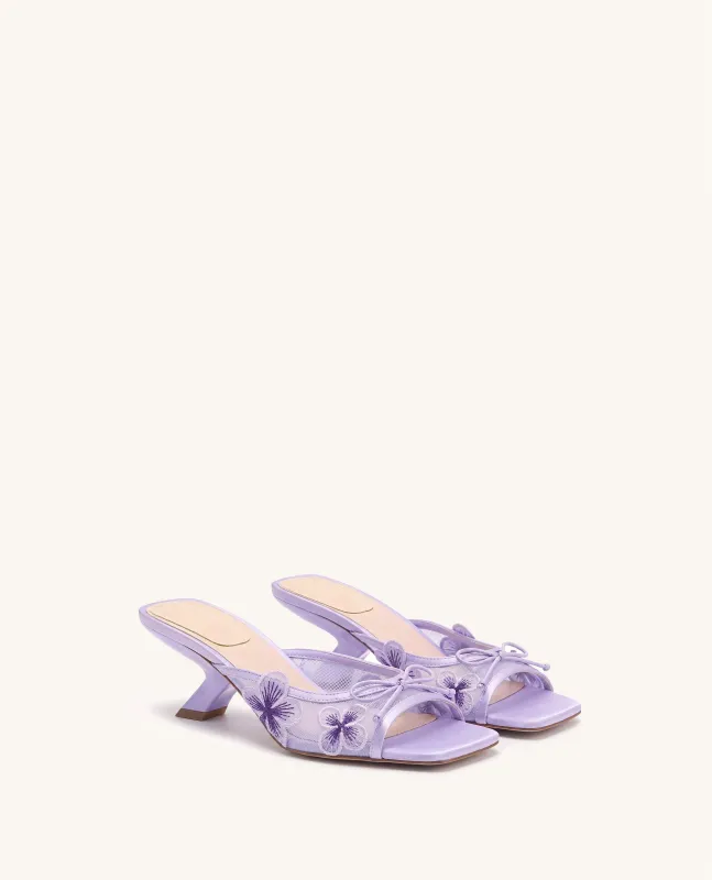 Mireille Bow Floral Embroidered Appliqué Mesh Heeled Sandals - Purple made by JW PEI