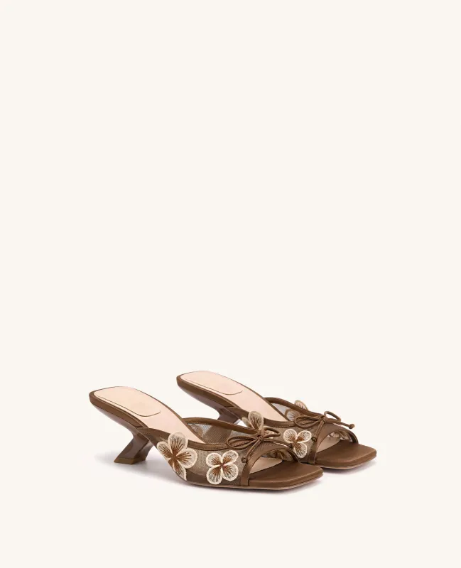 Mireille Bow Floral Embroidered Appliqué Mesh Heeled Sandals - Brown made by JW PEI
