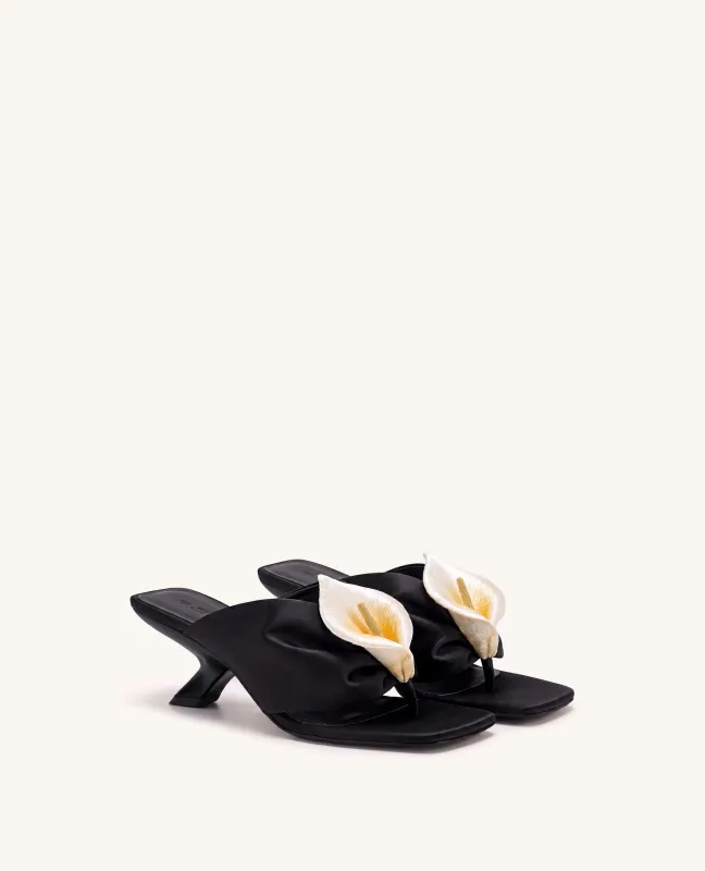 Bianca Calla Lily Ruched Toe-Post Heeled Sandals - Black made by JW PEI