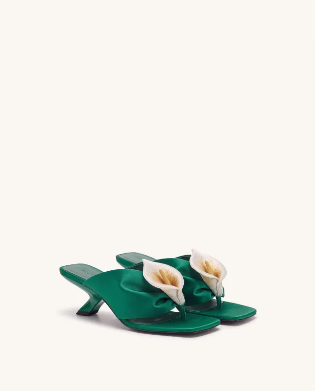 Bianca Calla Lily Ruched Toe-Post Heeled Sandals - Emerald Green made by JW PEI