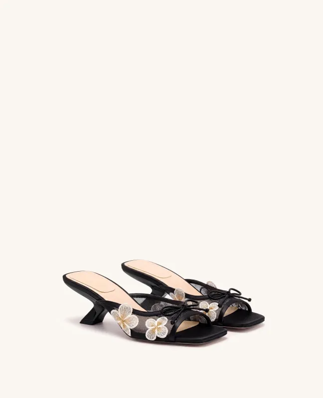 Mireille Bow Floral Embroidered Appliqué Mesh Heeled Sandals - Black made by JW PEI