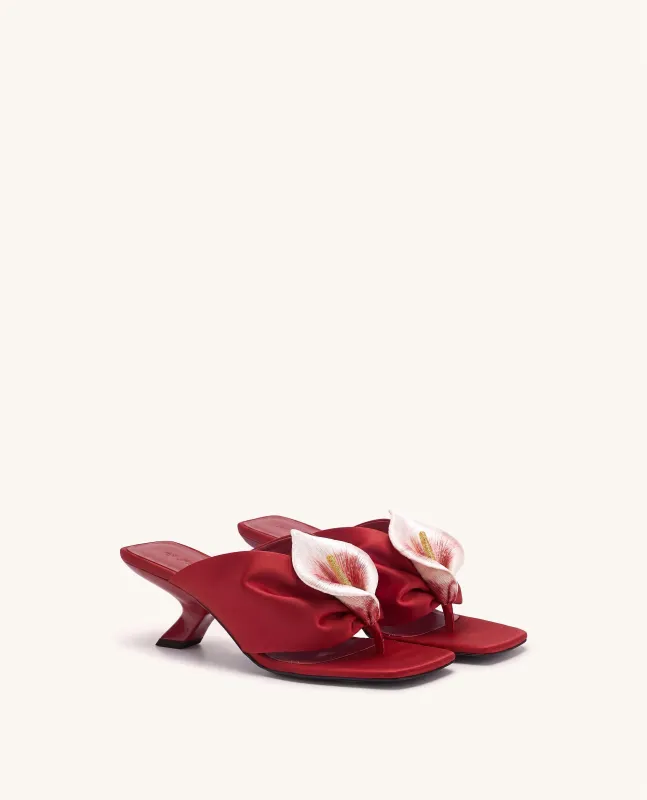 Bianca Calla Lily Ruched Toe-Post Heeled Sandals - Red made by JW PEI