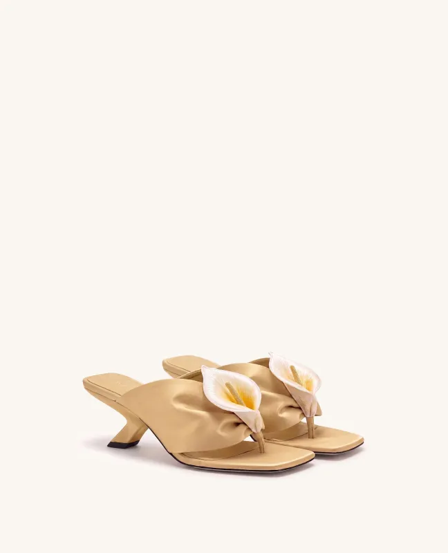 Bianca Calla Lily Ruched Toe-Post Heeled Sandals - Champagne made by JW PEI