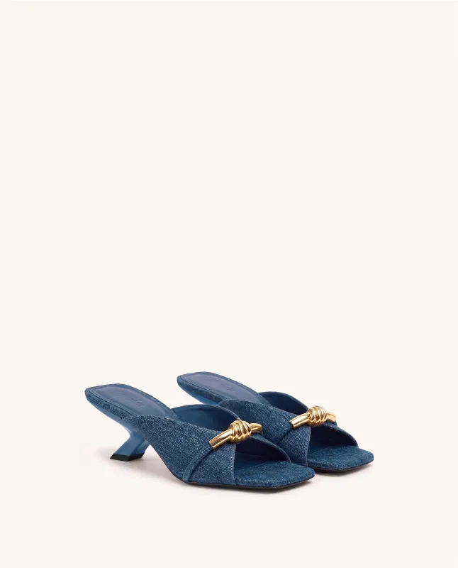 Lena Metal Rope Knot Denim Cross-Strap Heeled Sandals - Denim Blue made by JW PEI