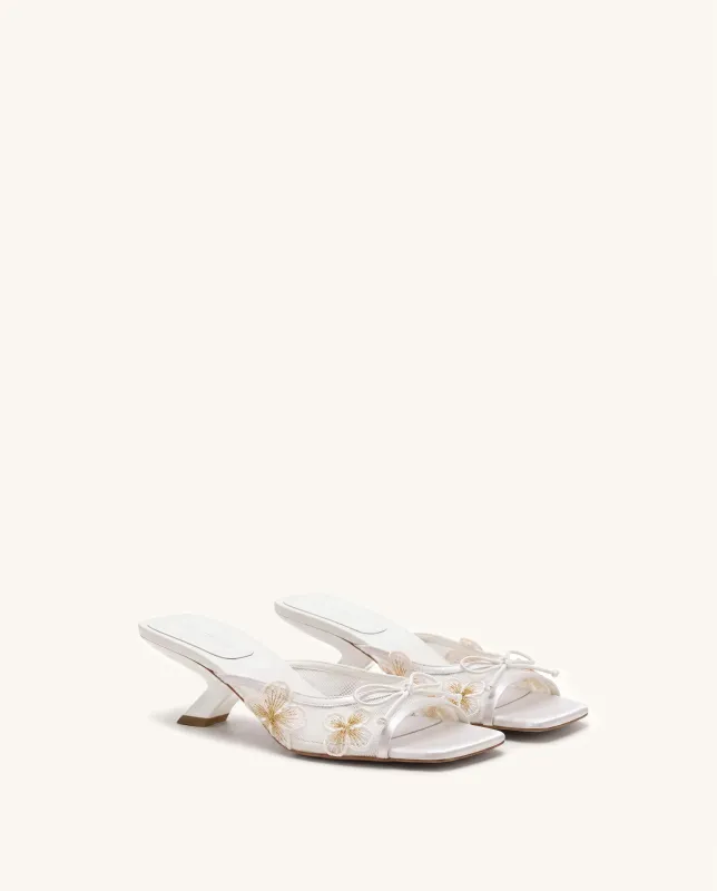 Mireille Bow Floral Embroidered Appliqué Mesh Heeled Sandals - White made by JW PEI