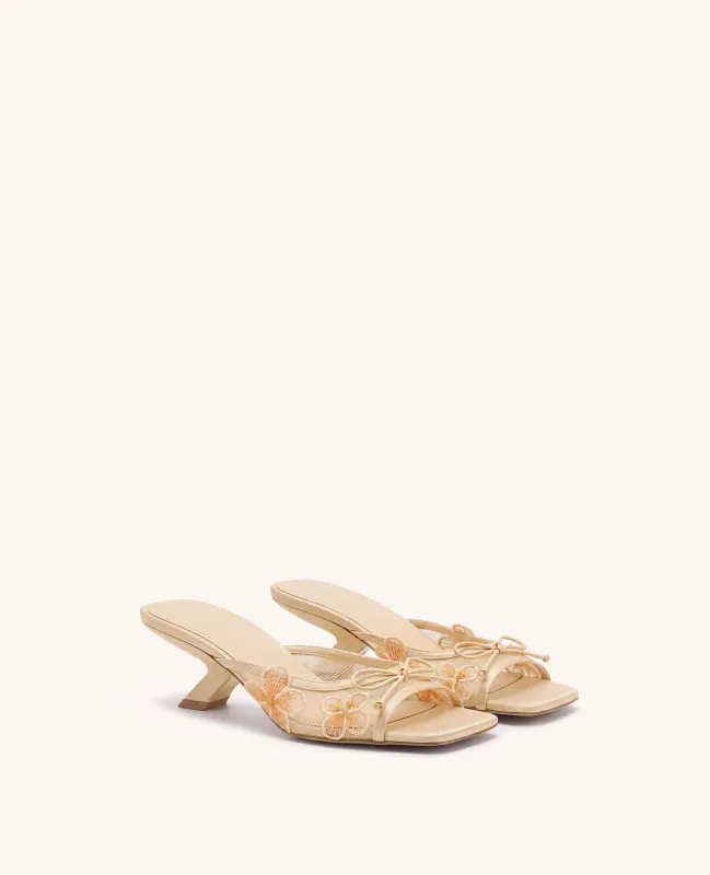 Mireille Bow Floral Embroidered Appliqué Mesh Heeled Sandals - Apricot made by JW PEI