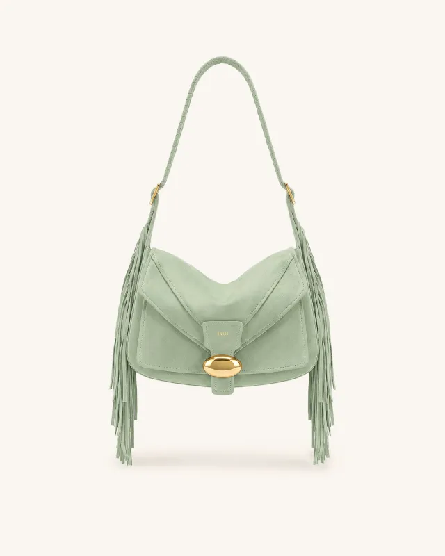 Avery Fringe Faux Suede Shoulder Bag - Mint Green made by JW PEI