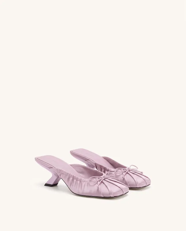 Solenne Satin Bow Ruched Mules - Lavender made by JW PEI