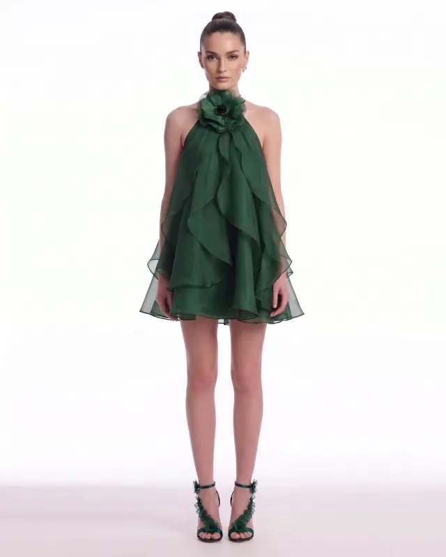 Floral Appliqué Halter Layered Mini Dress - Emerald Green made by JW PEI