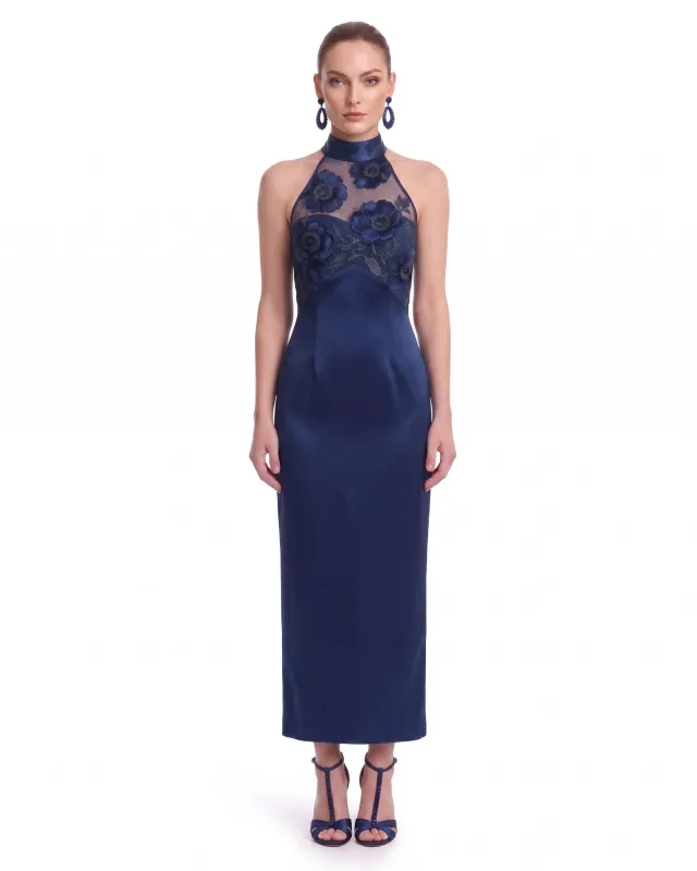 Floral Lace Halter Satin Midi Dress - Navy made by JW PEI