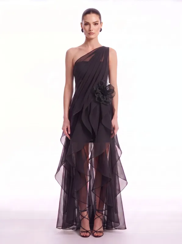 Floral Appliqué One-Shoulder Ruffle High-Low Dress - Black made by JW PEI