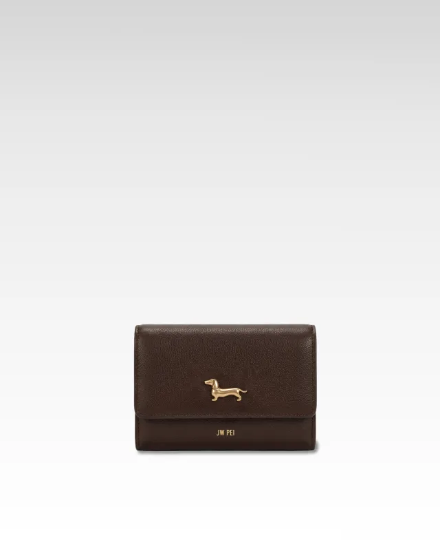 Maeve Dachshund Emblem Flap Wallet - Dark Brown made by JW PEI