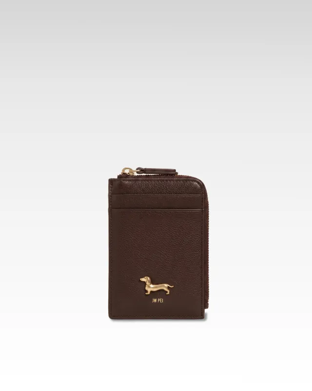 Maeve Dachshund Emblem Zip Card Holder - Dark Brown made by JW PEI