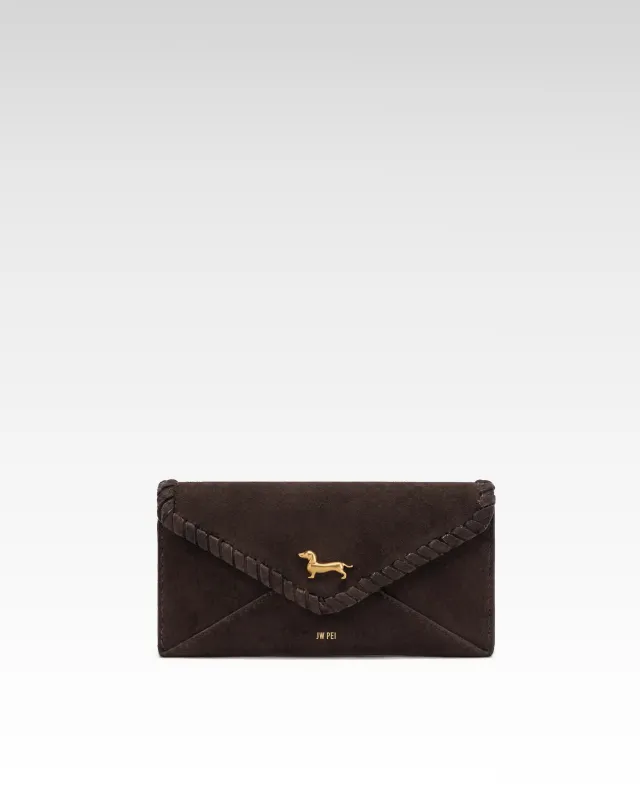 Maeve Dachshund Emblem Whipstitch Faux Suede Wallet - Dark Brown made by JW PEI