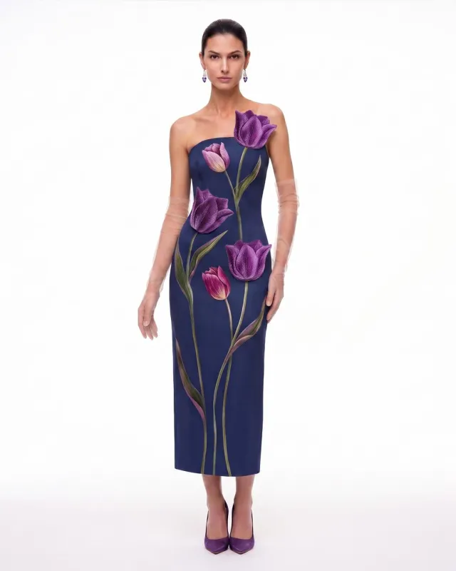 Tulip Appliqué Strapless Column Midi Dress - Navy made by JW PEI